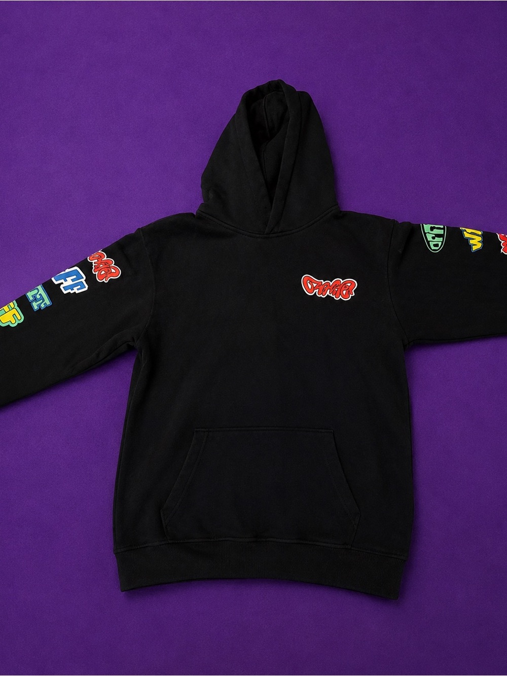 Black Hoodie with Colorful Graphic Patches